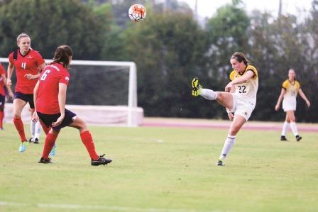 Southern Miss forward Becky McMullan (22) kicks the ball against South Alabama on Sunday in Hattiesburg September 20, 2015.